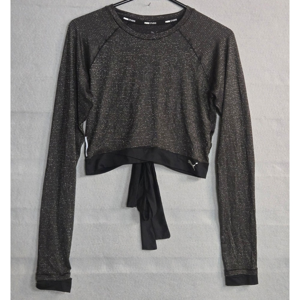 Puma Studio Womens Medium Black Gold Metallic Striped Open Back Tie Crop Top